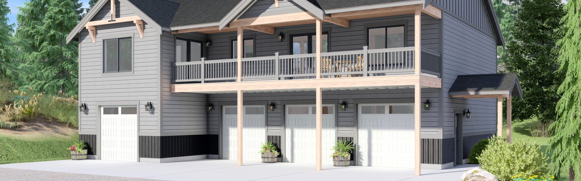 Photo real rendering of mountain style floor plan with an attached RV garage by Lexar Homes