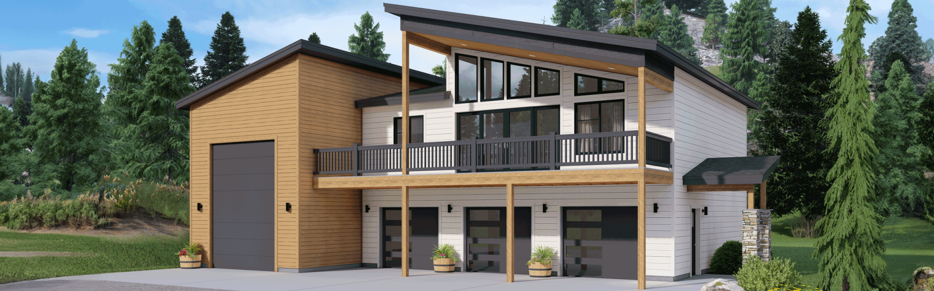 Photo real rendering of a modern floor plan exterior with an RV garage