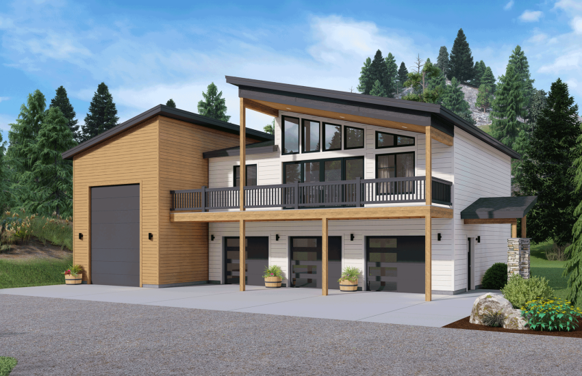 Photo real rendering of a modern floor plan exterior with an RV garage
