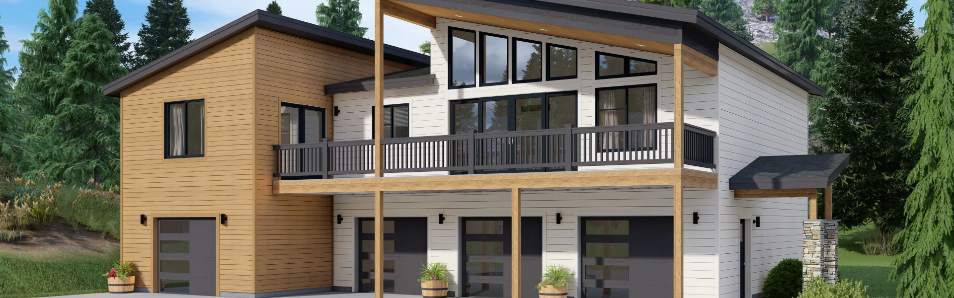 Photo real rendering of modern style floor plan with an attached RV garage by Lexar Homes