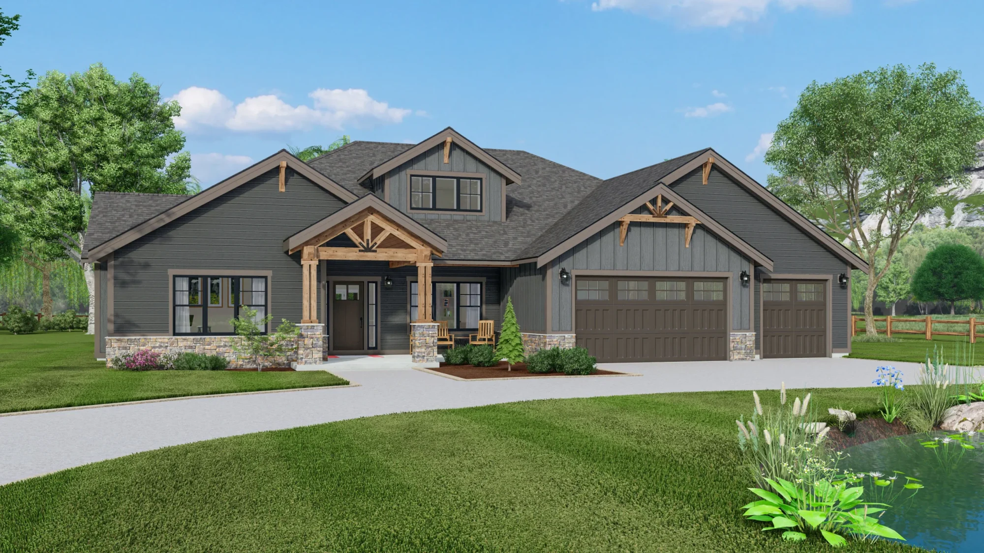 Photo real rendering image of the Graystone floor plan with a timber frame exterior design
