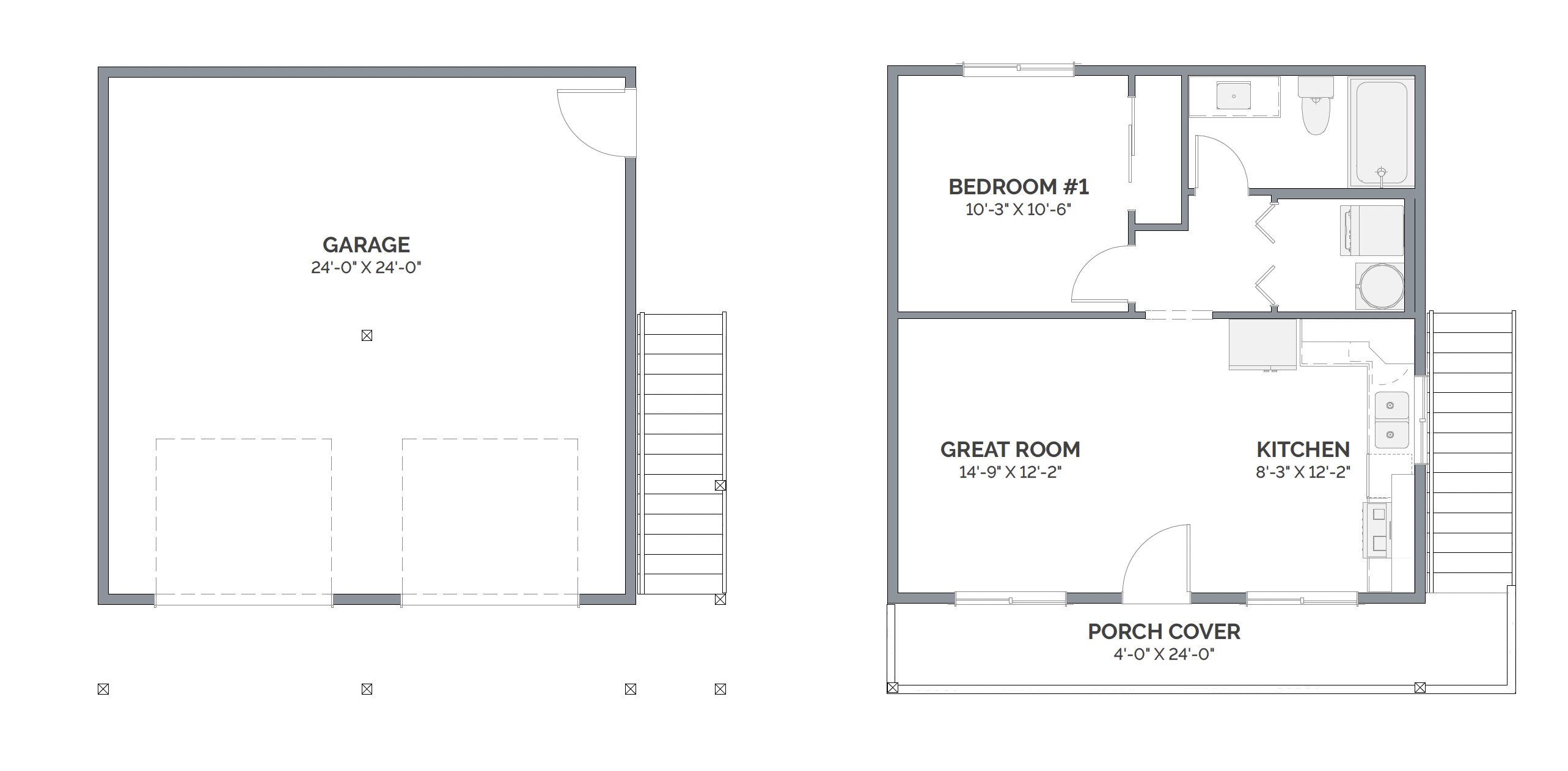 Above garage ADU floor plan layout with 2 car garage